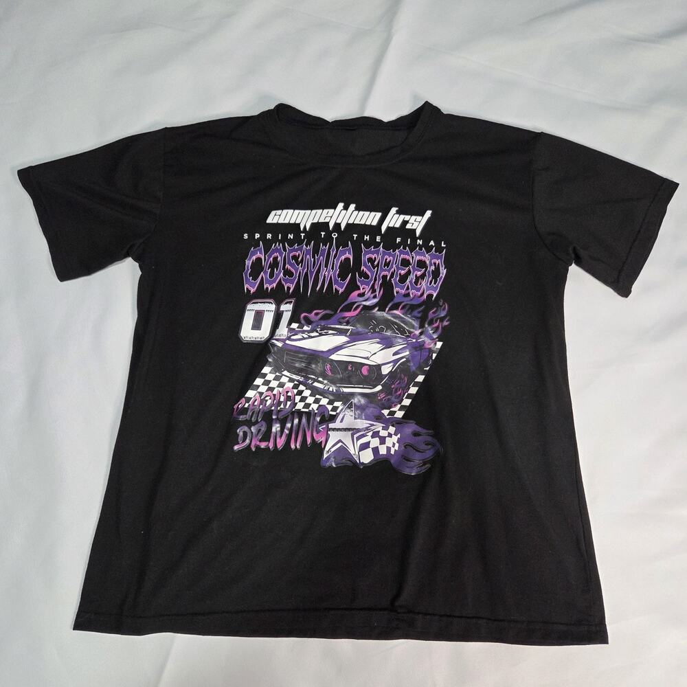 Cosmic Speed Racing Car Graphic T-Shirt Men's Black Short Sleeve Tee Size‎ M